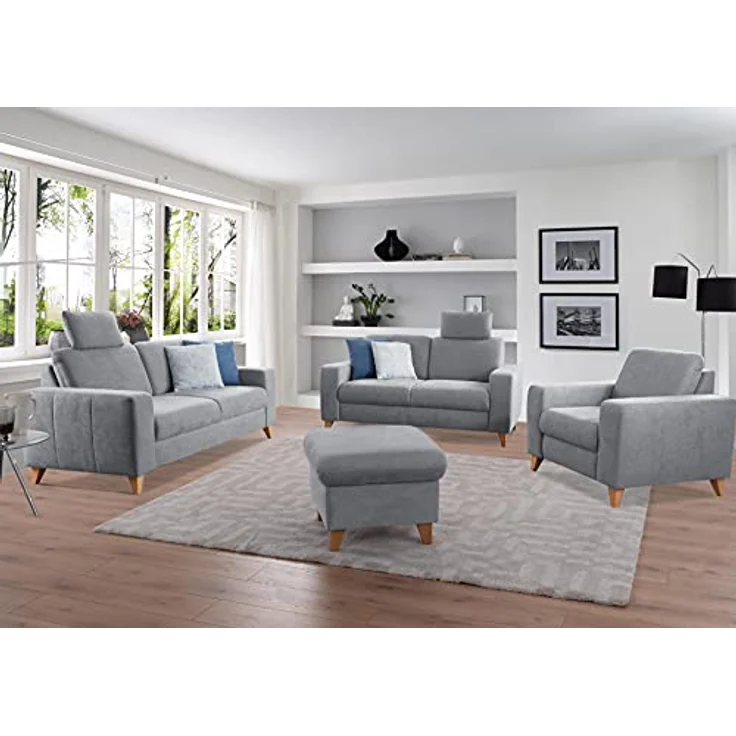 CAVADORE 2,5-Sitzer Sofa Lotta / Skandinavische 2,5er-Couch mit Federkern, Kopfstütze und Holzfüßen / 183 x 88 x 88 / Webstoff, Hellgrau – Bild 3