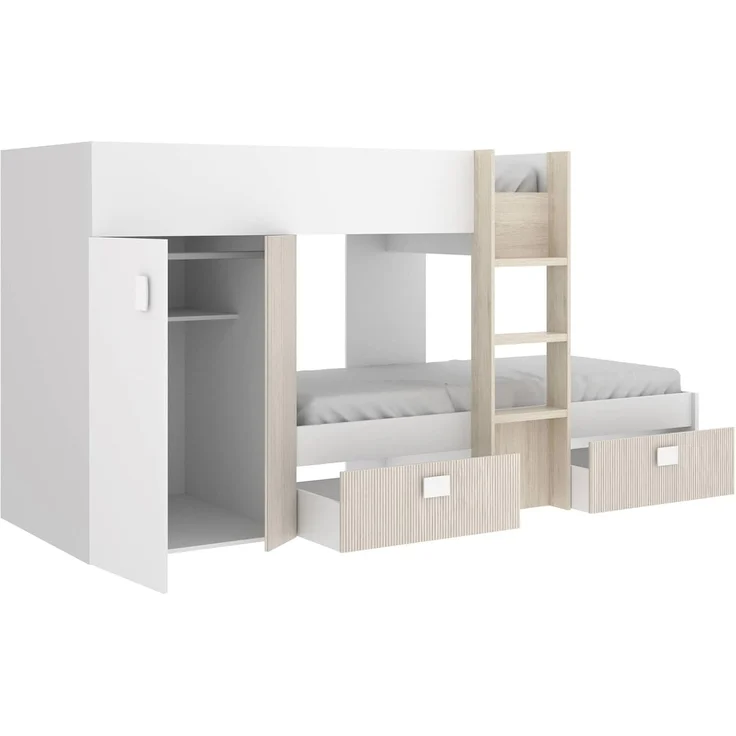 Dmora - Schlafzimmer Cevedale, Komplettes Schlafzimmer, Etagenbettkomposition mit Zwei Einzelbetten, 271 x 111 x 150 cm, Weiß und Eiche – Bild 7