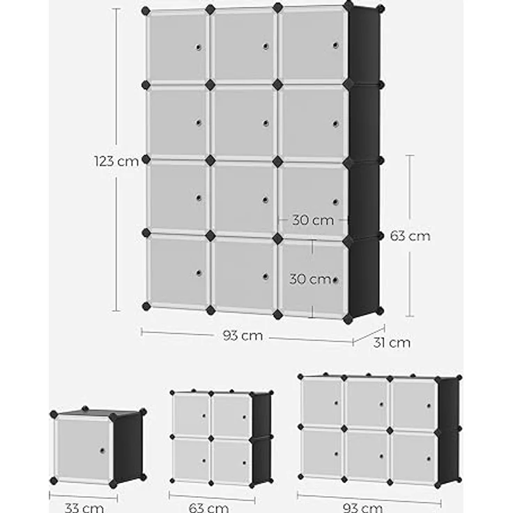 Songmics Regalsystem, Schuhregal, Set aus 12 Würfeln, Kleiderschrank aus Kunststoff, mit Türen, Steckregal, Aufbewahrung von Kleidung, Schuhen und Büchern, einfache Montage, schwarz LPC34HV1 – Bild 4
