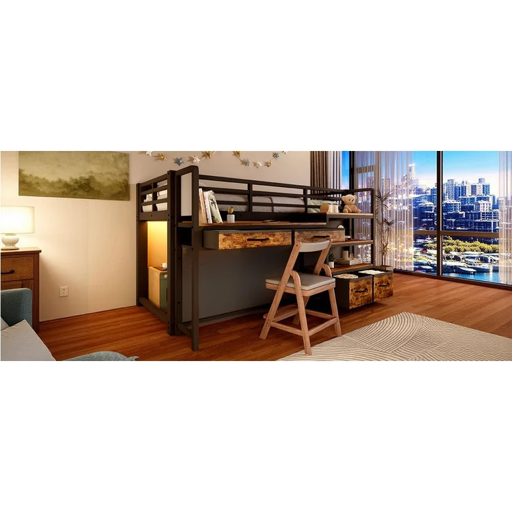 ZUBALIYA Hochbett 90x200 cm mit Schreibtisch, Stauraum und Stoffschubladen, Kinderbett aus Metall mit Vorhang, mehrschichtigem Regal und LED-Licht, Schwarz – Bild 11