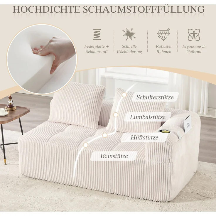 2-Sitzer Sofa, Cord mit Seitenfächern & Becherhaltern, 158x93x61 cm, Beige – Bild 6