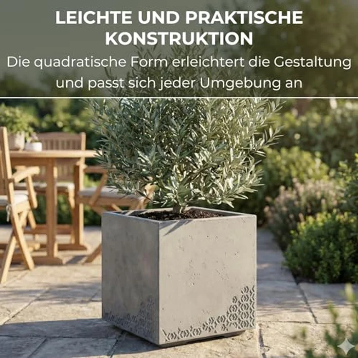 LAMELA Pflanzkübel mit Rollen 40 cm, 36L – Blumentopf aus Kunststoff in Betonoptik – Übertopf mit Wasserablauf – Modern für Innen & Außen - Wetterfest & Pflegeleicht, Hellgrau – Bild 5