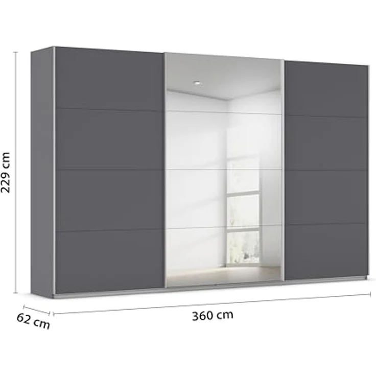 Rauch Möbel Kulmbach, Kleiderschrank mit Schwebetüren für Schlafzimmer, Kinderzimmer, Jugendzimmer, Garderobe, Flur, 3-türig, mit Spiegel, Zubehör Basic, Farbe Grau metallic, Schwarz, Breite 360 cm – Bild 3