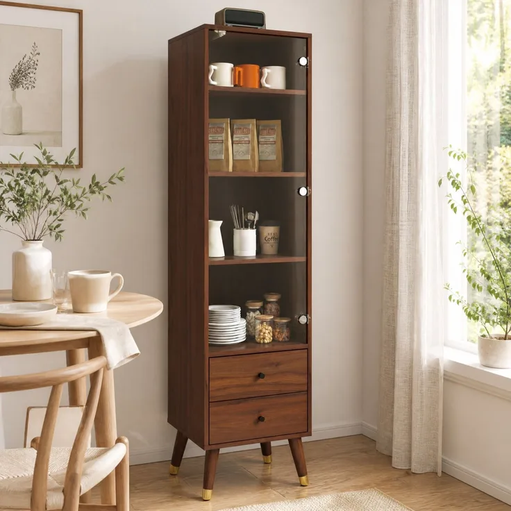 Vitrinenschrank aus MDF in Nussbaumoptik mit Glastür und 2 Schubladen,H 160 x T 39.8 x B 35 cm