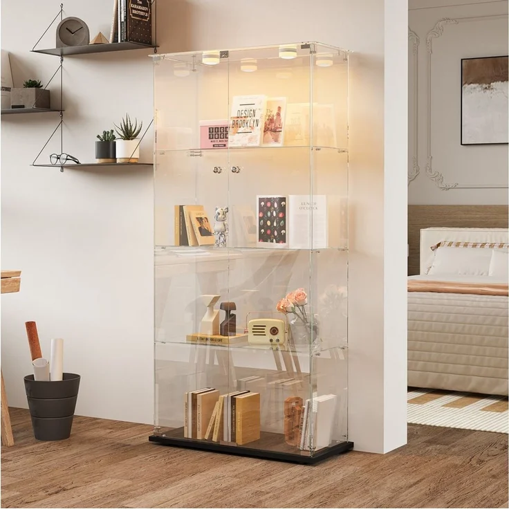 FUROKOY Glasvitrine Standvitrinen, Vitrine aus gehärtetem Glas (Vitrinenschrank mit 2 Glastür und Beleuchtung für Sammler, Bücher) 4 Lagen Sammlervitrine, Schwarz – Bild 5