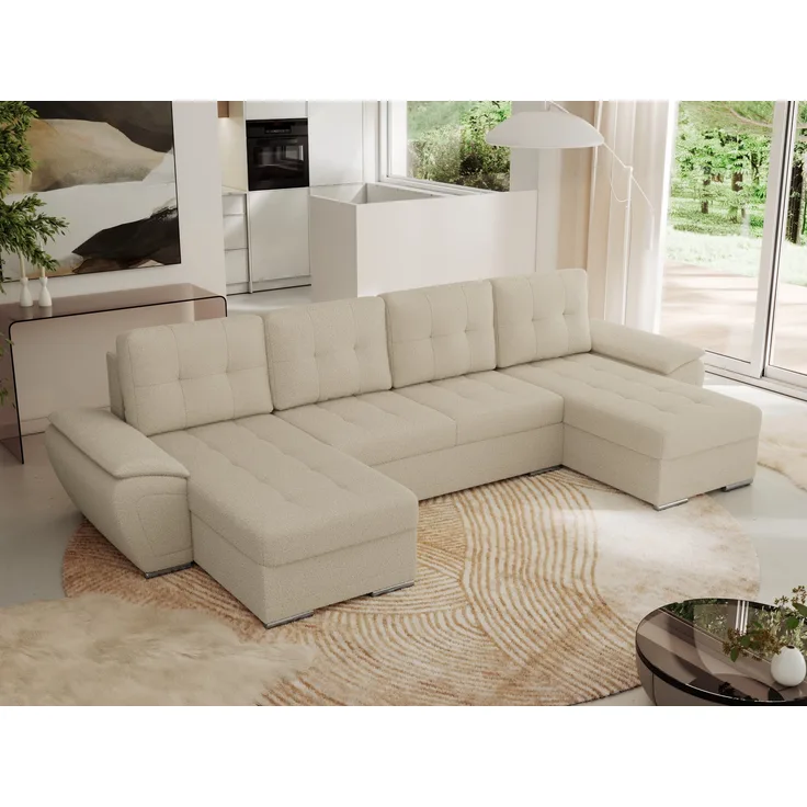 U-förmiges Ecksofa mit Schlaffunktion, genähter Sitz, zwei Armlehnen und losen Kissen - UMBRIA U - Beige Boucle