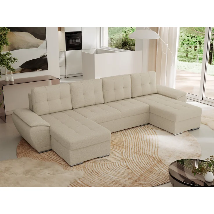 U-förmiges Ecksofa mit Schlaffunktion, genähter Sitz, zwei Armlehnen und losen Kissen - UMBRIA U - Beige Boucle – Bild 1