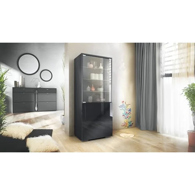 Vladon Standvitrine Granada (Vitrinenschrank, mit Glastür und Glaseinsatz) Anthrazit matt/Schwarz Hochglanz (50 x 122,5 x 34,5 cm) – Bild 3