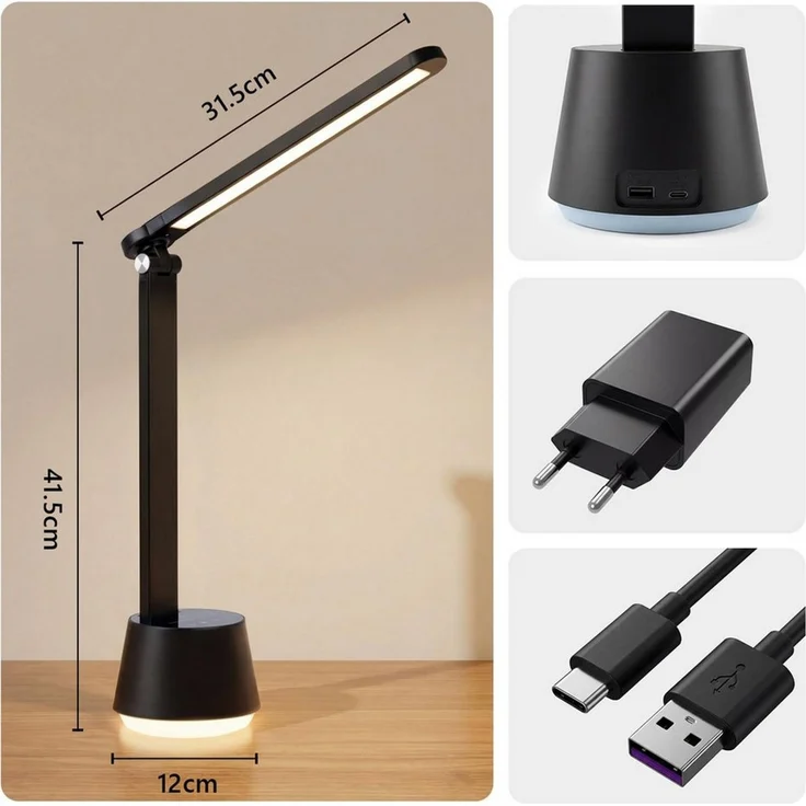 LQWELL LED Schreibtischlampe Nachttischlampe Touch LED Schreibtischlampe mit UntenNachtlicht, LED fest integriert, 3 Farben & Helligkeit Dimmbare, Lampenkopf faltbar, Timerfunktion, 1.5m Netzkabel, für Zuhause, das Büro oder unterwegs. – Bild 3