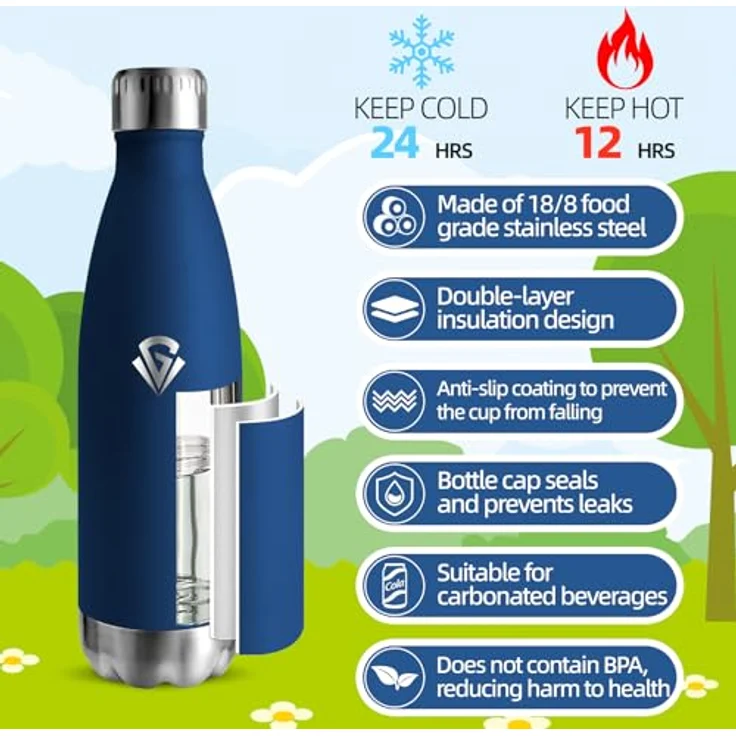 Trinkflasche Edelstahl 500ML, BPA-frei, Wasserflasche, Auslaufsichere Isolierflasche Doppelwandig, Thermosflasche, Trinkflasche Kohlensäure Geeignet, Water Bottle für Fitness, Schule, Kinder – Bild 2