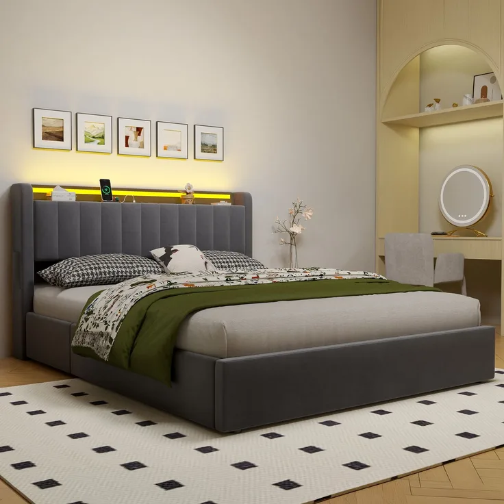 Polsterbett 160 x 200 cm aus Samt mit Stauraum, USB-Anschluss und LED-Beleuchtung, Dunkelgrau