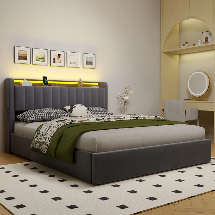 Polsterbett 160 x 200 cm aus Samt mit Stauraum, USB-Anschluss und LED-Beleuchtung, Dunkelgrau – Bild 1