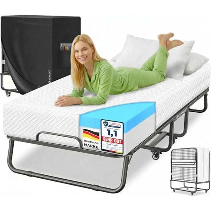 KESSER® Klappbett 200x90cm Gästebett inkl. Matratze aus Memory-Schaum & Rollen | faltbares Reisebett mit Metallrahmen für Erwachsene belastbar bis 250kg | Metallbett mit Schaumstoffmatratze & Cover Weiß, Deluxe Plus – Bild 1