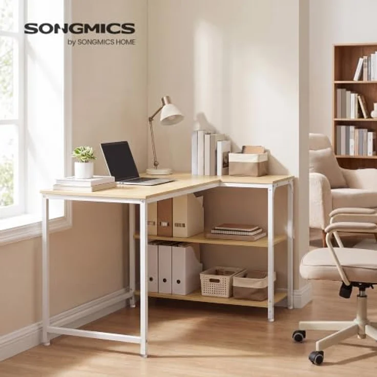 VASAGLE Eckschreibtisch in L-Form, Computertisch, 110 x 80 cm | mit Stauraum, höhenverstellbare Ablage, 2 AC-Steckdosen und 2 USB-Anschlüssen, Natürliche Eiche, BARNET Kollektion LWD135Y101 – Bild 5