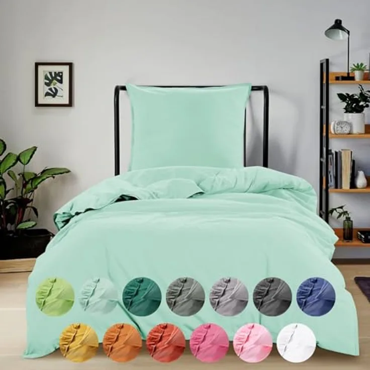 wometo Renforce-Bettwäsche Set, Mintgrün, 155x220 cm, Oeko-Tex® zertifiziert, Stone-Washed-Stil, 100% Baumwolle