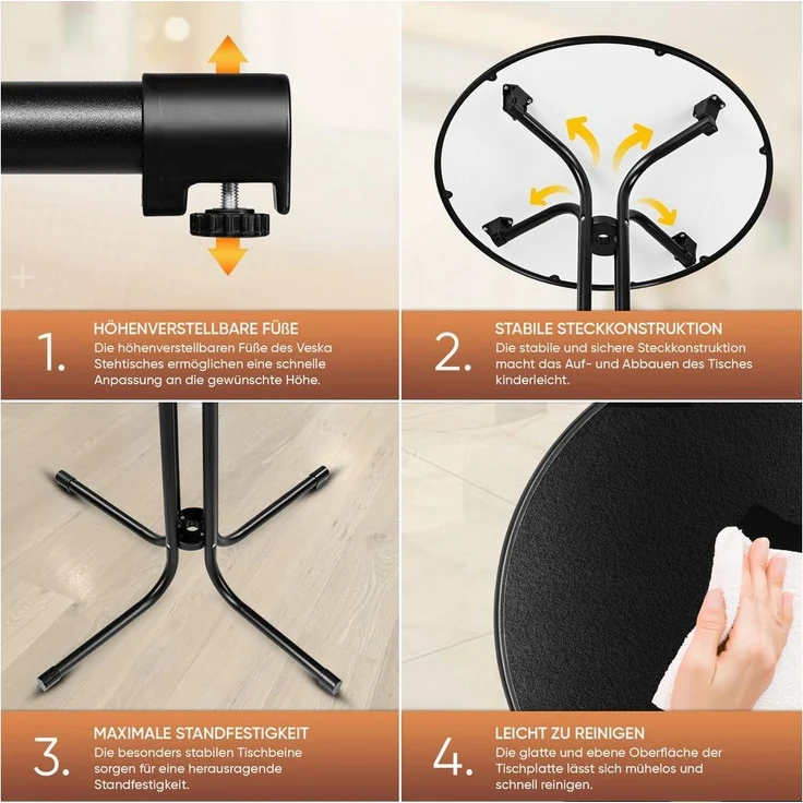 VESKA Stehtisch Ø 80cm inkl. Husse, Gastro Bistrotisch (klappbar Indoor & Outdoor, höhenverstellbare Füße, Klapptisch rund), Partytisch, Empfangstisch, Gartentisch wetterfest – Bild 3