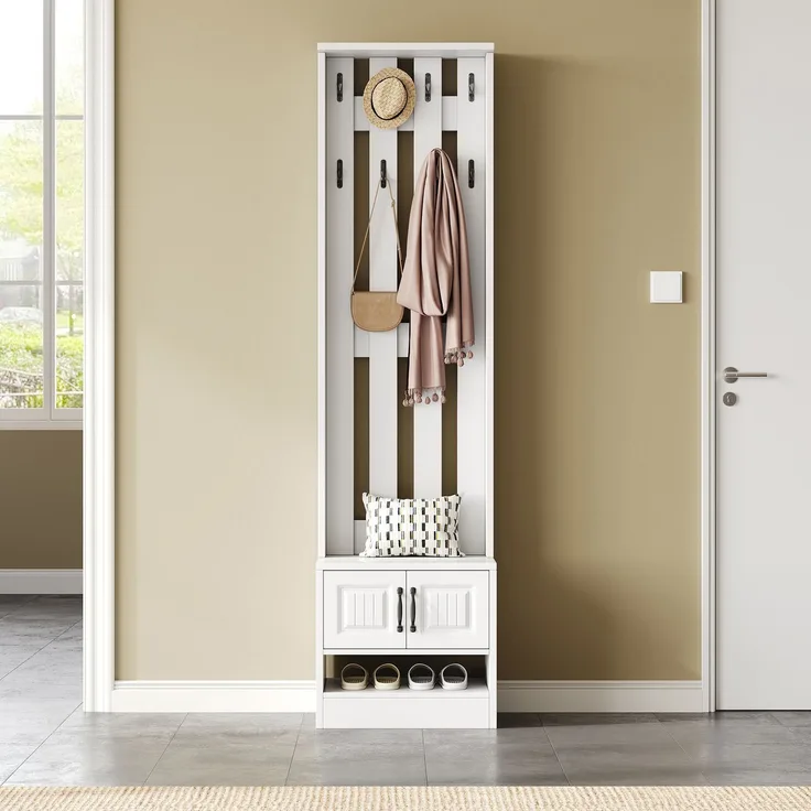 Schuhschrank mit Sitzfläche und Stauraum, multifunktionaler Schrank, Kleiderschrank Garderobenschrank Dielenschrank mit Türen und schwarzem Griff