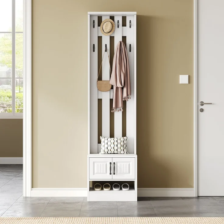 Schuhschrank mit Sitzfläche und Stauraum, multifunktionaler Schrank, Kleiderschrank Garderobenschrank Dielenschrank mit Türen und schwarzem Griff – Bild 1