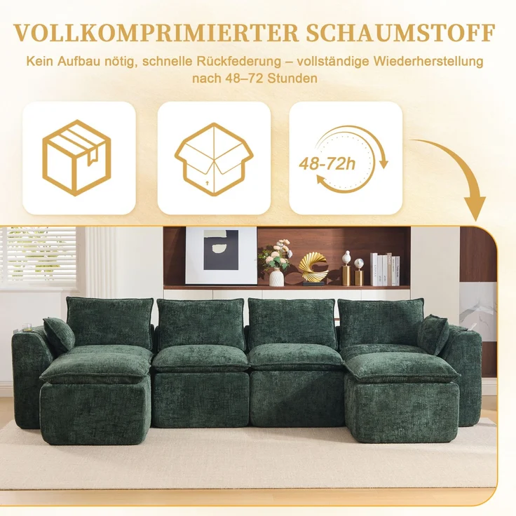 Modulares Sofa 322x161x75 cm aus grünem Chenille mit Seitentaschen und Hockerelement – Bild 6
