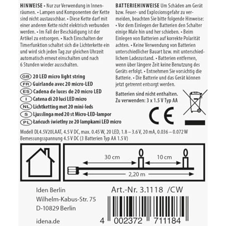 Idena 31118-3 - LED Micro Lichterkette mit 20 LEDs in Warmweiß, 3 Stück, 6 Stunden Timer Funktion, batteriebetrieben, ca. 2,2 m lang, Deko für Innen, zum Basteln, als Party Deko, Weihnachtsdeko – Bild 2