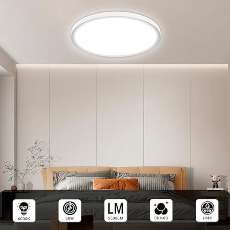 LQWELL® Deckenleuchte LED Deckenlampe, IP44 Wasserfest Badlampe Rund Flach 50W 6000K 5500LM Modern Schlicht Lampe Dünn für Wohnzimmer Badezimmer Schlafzimmer Küche Balkon Keller, 600 * 25mm – Bild 2