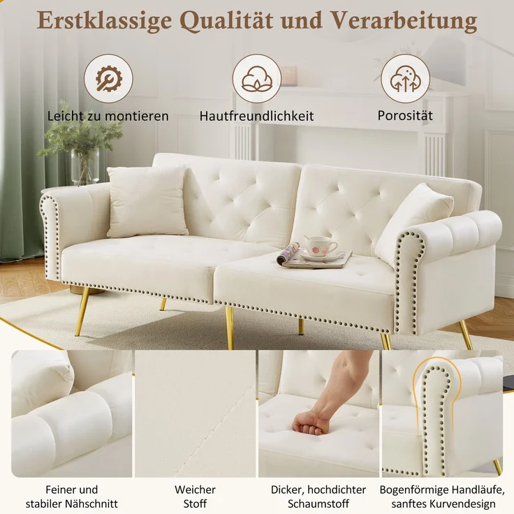 ZUBALIYA Schlafsofa 34x34 cm, mit LED - Beleuchtung, mit Stauraum, mit Samtbezug, mit breiten Armlehnen, mit Schaumstoffpolsterung, Gold – Bild 2