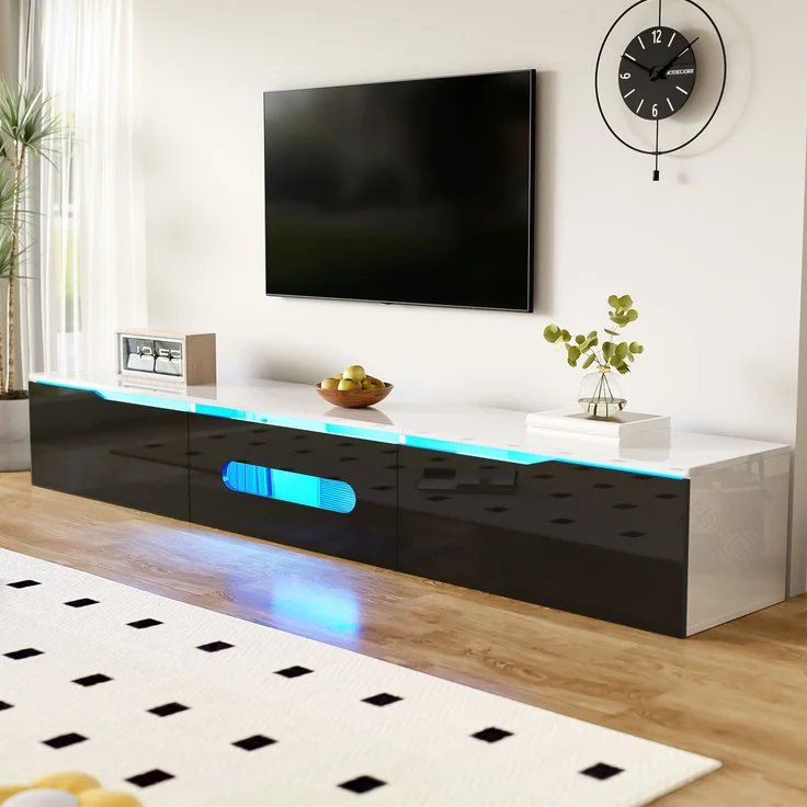 TV-Schrank 180 cm Schwarz Weiß LED Beleuchtung 16 Farben App-gesteuert Dämpfungsscharnier Wandmontage Hochglanz TV-Board – Bild 1