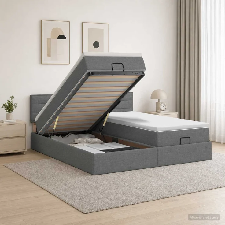 vidaXL Ottoman Bett mit Matratze mit Kopfteil 2 stk. Dunkelgrau Stoff 3456664 – Bild 1