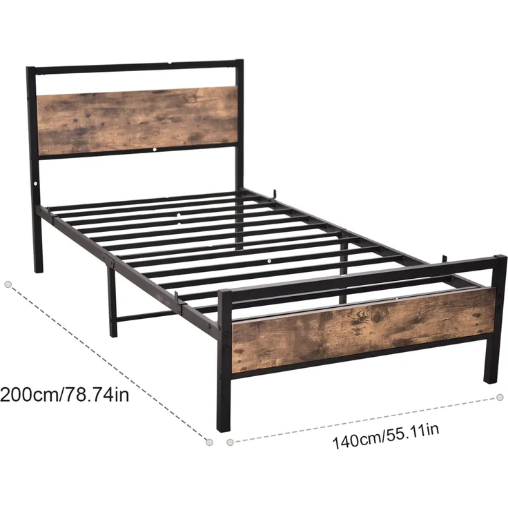 Doppelbett aus Stahl mit MDF-Kopfteil, ohne Matratze, 140x200 cm, Braun/Walnuss – Bild 6