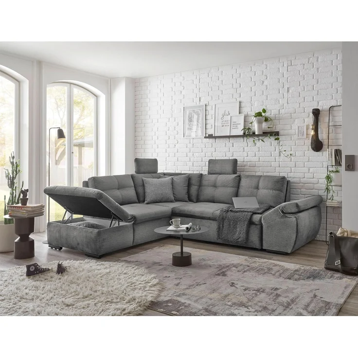 Stella Trading ALIJA Ecksofa mit Schlaffunktion in Grau - Moderne Eckcouch mit Bettkasten und verstellbaren Armlehnen - 265x84 (107) x 217 cm (B/H/T) – Bild 4