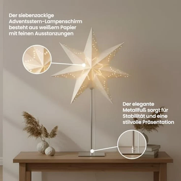 Star Sensy Tischlampe, 3D Papierstern, Weiß, Metallfuß, H: 55 – Bild 4