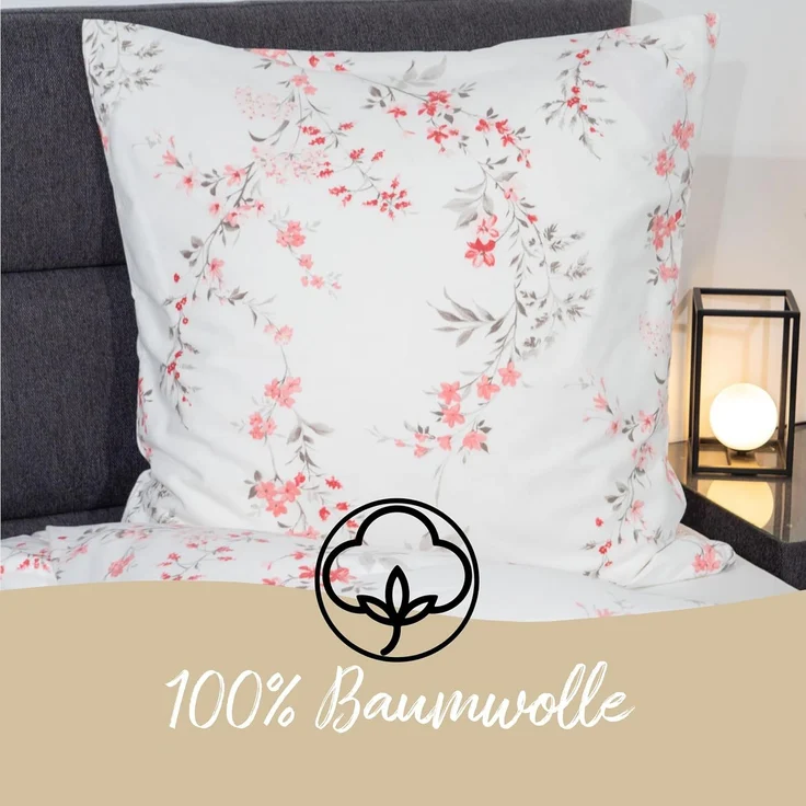 Traumschloss Bettwäsche Premium Baumwolle, Flanell, 2 teilig, Blumenzweige mit rosa Blüten auf weißem Hintergrund – Bild 4