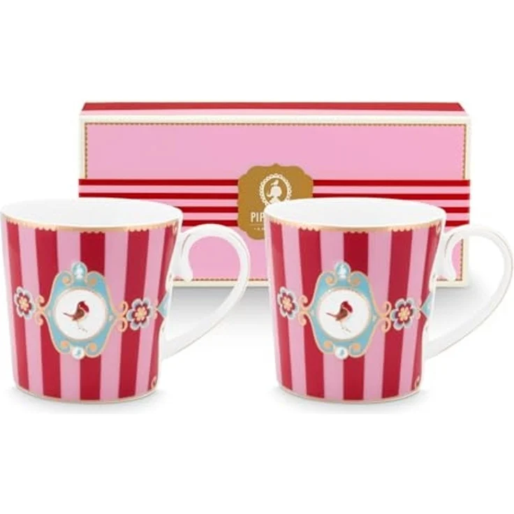 PiP Studio Becher Love Birds Medallion Stripes Red-Pink Henkelbecher Small 0,15l Set2, Porzellan – Bild 1