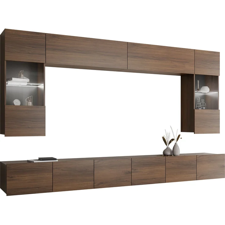Wohnwand Calabrini I (Farbe: Nuss Warmia, mit weißer LED Beleuchtung) – Bild 1