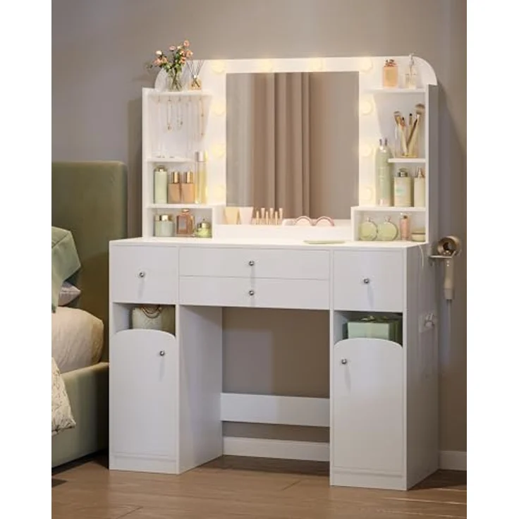 Schminktisch mit LED-Beleuchtung, mit Stecker und Föhnhalter, große Tischplatte 108 cm, Schminktisch mit 2 großen Schubladen mit Schmuckablage, 2 Schränke, 40 x 108 x 144 cm, Weiß – Bild 6