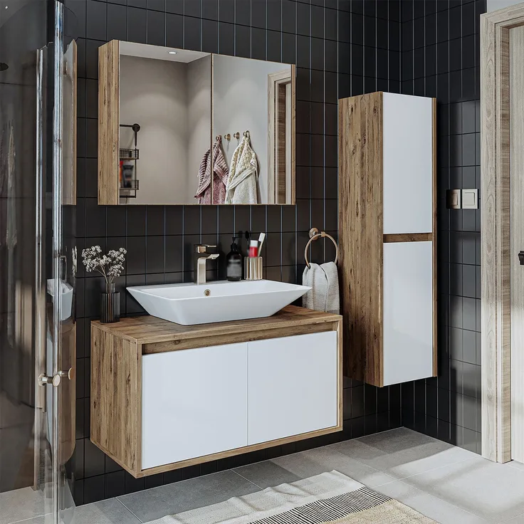 Roomart ATLANTIC-85 Badmöbel Set– 4-teiliges Badezimmermöbel Set - Waschbeckenunterschrank mit Keramikwaschbecken, Spiegelschrank & Hochschrank - H 45 x B 45 x T 85 cm • Weiß-Eiche