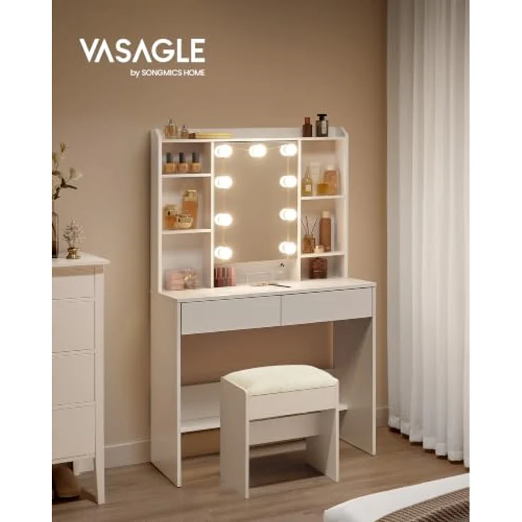 VASAGLE Schminktisch und Hocker Set, mit Spiegel und Beleuchtung | Kosmetiktisch mit 2 Schubladen, LED Licht, Organizer, Weiß, KAILYN Kollektion – Bild 2