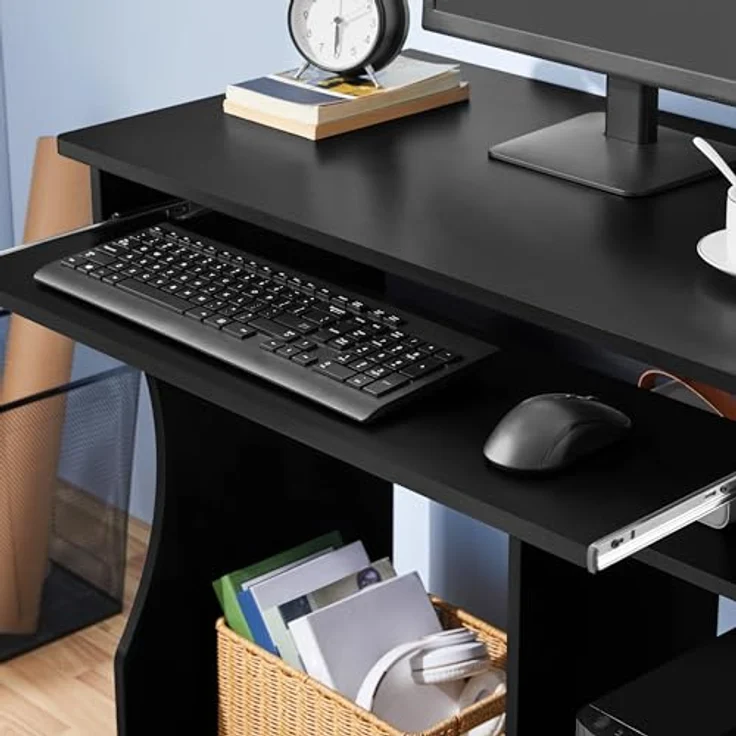 Yaheetech Computertisch mit Tastaturauszug, rollbar Schreibtisch mit Ablagen, Büromöbel, Compuerwagen, Schwarz – Bild 9
