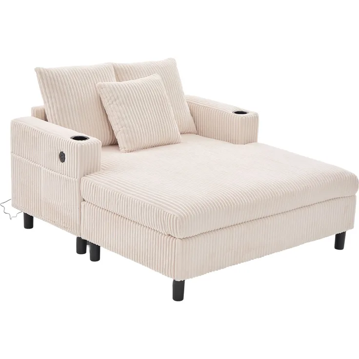 LVHOM Schlafsofa mit LED & USB, Cordstoff Palmensessel, Loungesofa mit Seitentaschen & Getränkehalter, 350kg Tragkraft, 128x85x142 cm, Beige