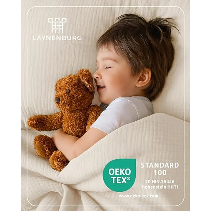 Laynenburg Kinderbettwäsche Musselin 2 teilig aus 100% Baumwolle in 100x135 cm + 40x60 cm, atmungsaktiv & bügelfrei – 3 lagig mit Reißverschluss & Haltebändern – Bild 3