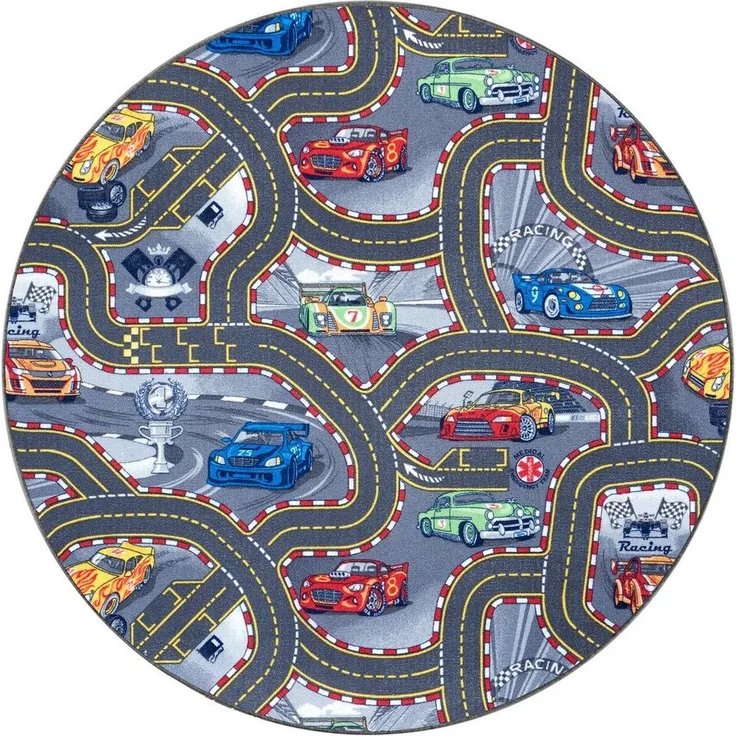 Kurzflor Straßen-Spielteppich grau/bunt - 133 cm Durchmesser