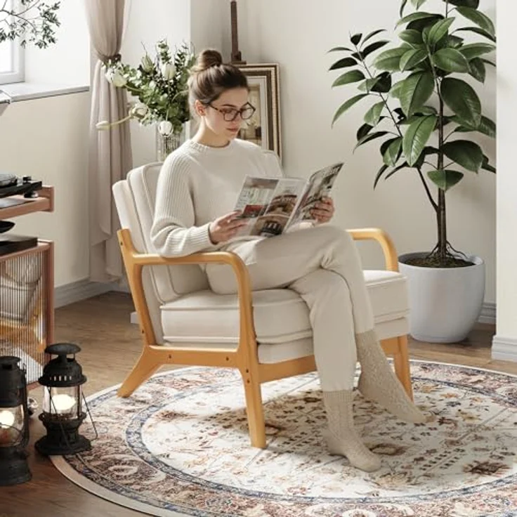 COLAMY Sessel Wohnzimmer Mid-Century Modern 2er Set, Loungesessel mit Lendenkissen, Massivholzrahmen & weichem Polster, bequemer Lesesessel für Wohnzimmer und Schlafzimmer, Beige – Bild 3