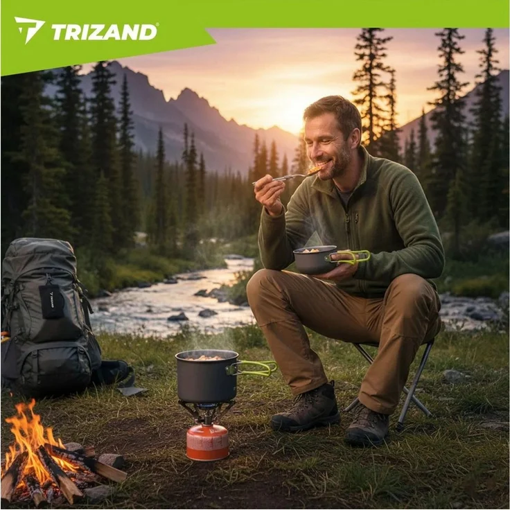 Trizand Geschirr-Set Camping Kochset 1,2L Aluminium faltbar Outdoor Trekking Geschirr (6-tlg), 2 Personen, Edelstahl, faltbare Griffe leichtes Aluminium kompakt mit Klappbesteck – Bild 3