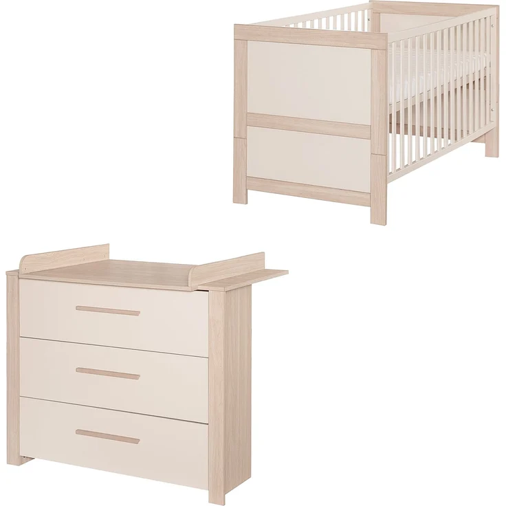 roba Babymöbel Set 2-teilig Momo - Kinderbett 70 x 140 cm umbaubar + Wickelkommode mit 3 Schubladen - Griffe aus Massivholz- Cashmere/ Tristan Eiche – Bild 2