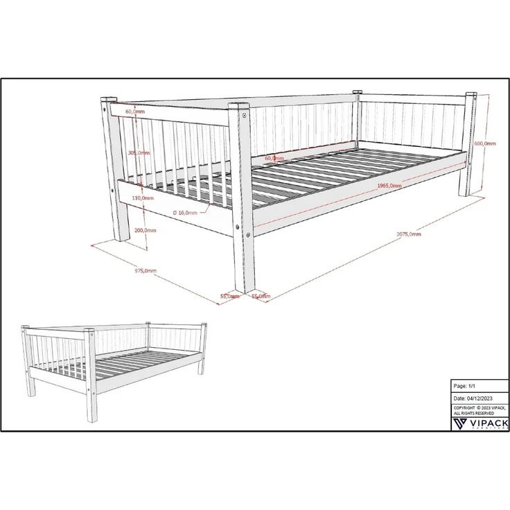 Daybett >Buche Massiv< in Buche massiv weiß lackiert - 207,5x68x97,5 (BxHxT) – Bild 3