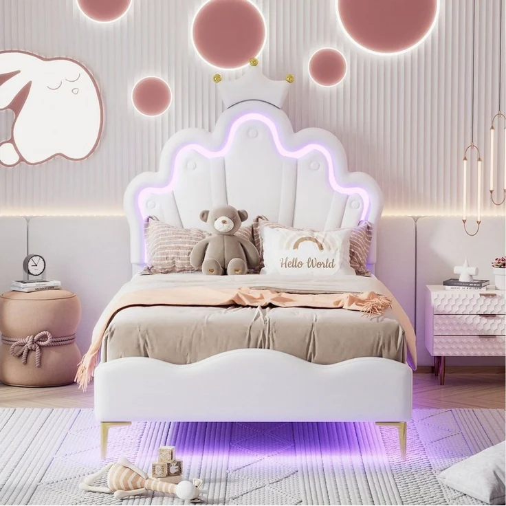 Flieks Polsterbett, LED Kinderbett Einzelbett mit krone-Form Prinzessinnenbett 90x200cm – Bild 5