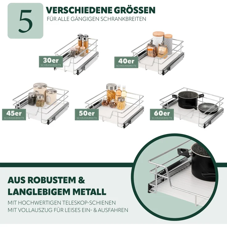 Teleskopschubladen 2er Set - für 50 cm Schrank mit Einlegeboden, aus Metall, (Chrom) – Bild 5