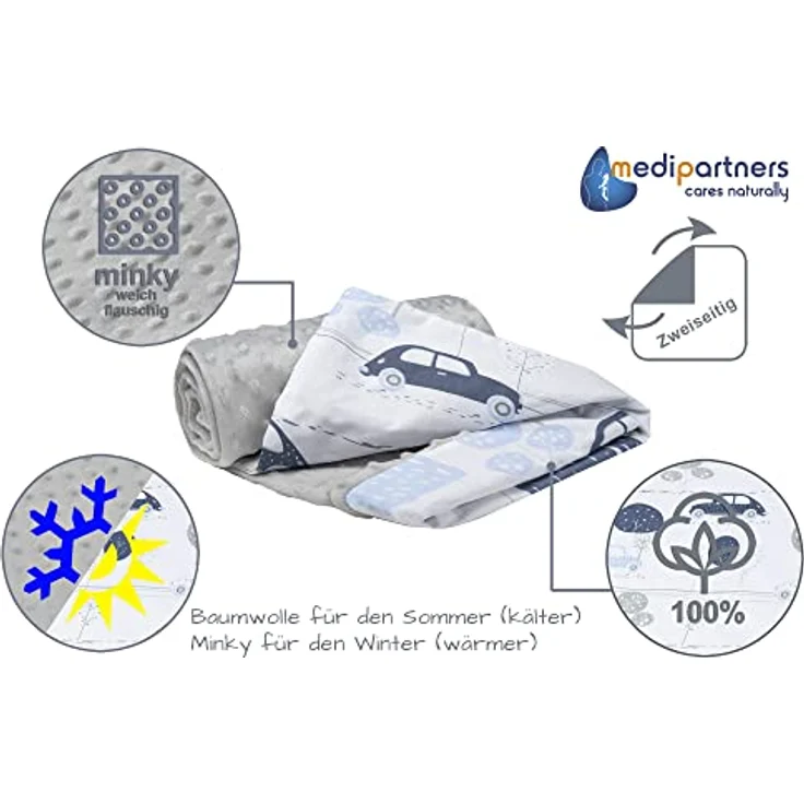Medi Partners Babydecke Baby Decke Neugeborenen - Kuscheldecke Geschenk Babydecken 75x100cm für Kleinkinder Mädchen Krabbeldecke Kinderbett Kinderwagen 100% Baumwolle (Retro-Autos mit grauem Minky) – Bild 6