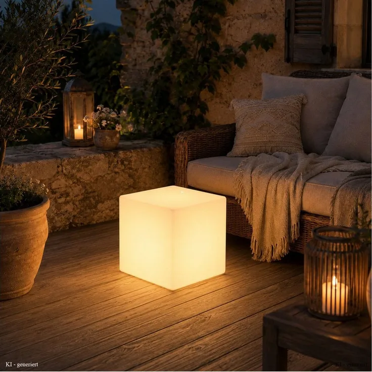 SATISFIRE LED Würfel LED Leuchtwürfel Cube 40x40cm E27 warmweiß outdoor Beistelltisch, LED Classic, warmweiß (2100K bis 3000K)