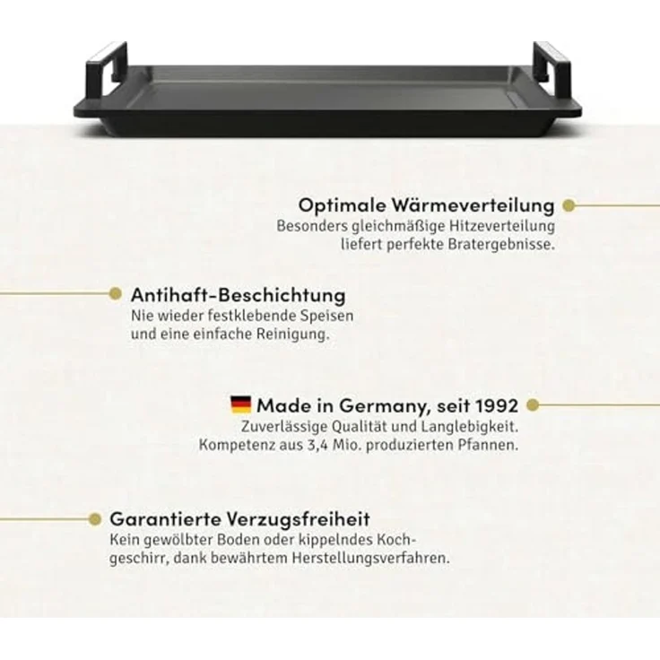 Hoffmann Germany Teppanyakiplatte Grillplatte Aluguss eckig 41x24 cm mit Griffen – Made in Germany, Aluguss (1-tlg, 1x Teppanyakiplatte 41x24 cm + Silikon-Füße), Teppanyaki, Antihaft, backofenfest bis 240°C, Induktion – Bild 4